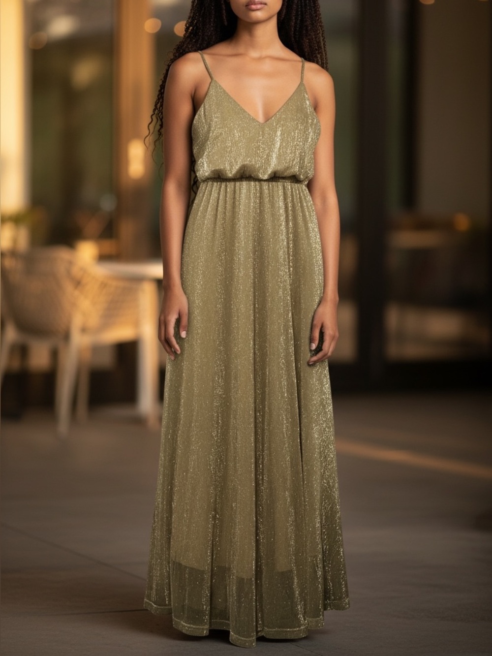 Lulu's Olive Gold Shimmer Thin Strap Maxi Dress
